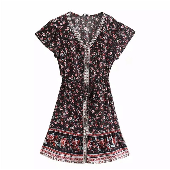 Boho Floral Button Up Gypsy Print Black Dress - Picture 2 of 3